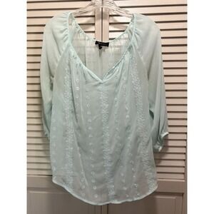 AB Studio Chiffon Green Long Sleeve Embroidered Scoop Blouse Size M Elastic Cuff